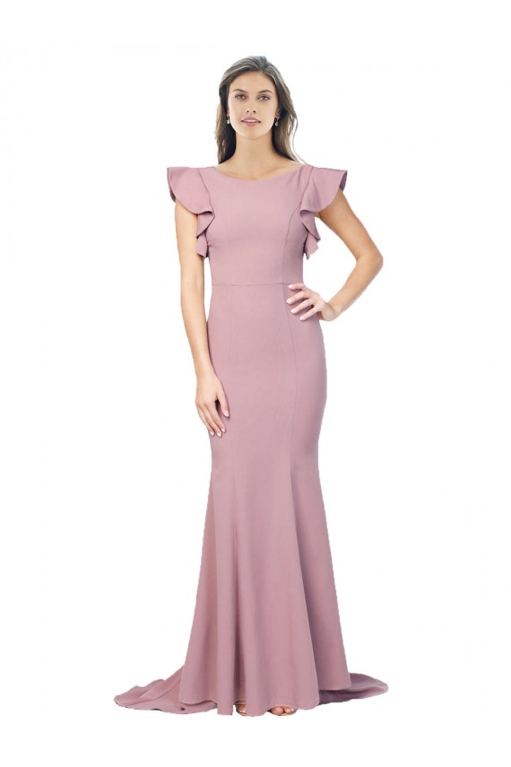 Outlet Flutter Sleeves Stretch Crepe Low Back Mermaid Dusty Pink Evening Dress Canada