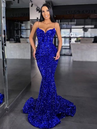 Outlet Sleeveless Velvet Sequin Mermaid Royal Blue Evening Dresses Canada