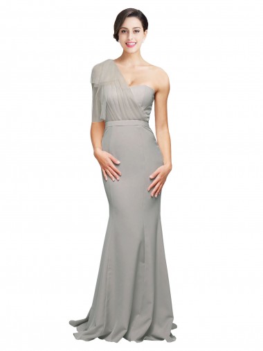 Outlet Sleeveless Stretch Crepe & Tulle Low Back Mermaid Oyster Silver Evening Dress Canada