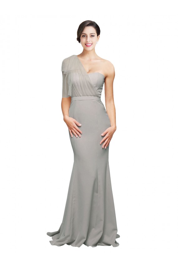 Outlet Sleeveless Stretch Crepe & Tulle Low Back Mermaid Oyster Silver Evening Dress Canada