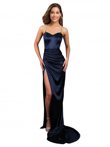 Outlet Sleeveless Stretch Satin Mermaid Dark Navy Sexy Evening Dress Canada