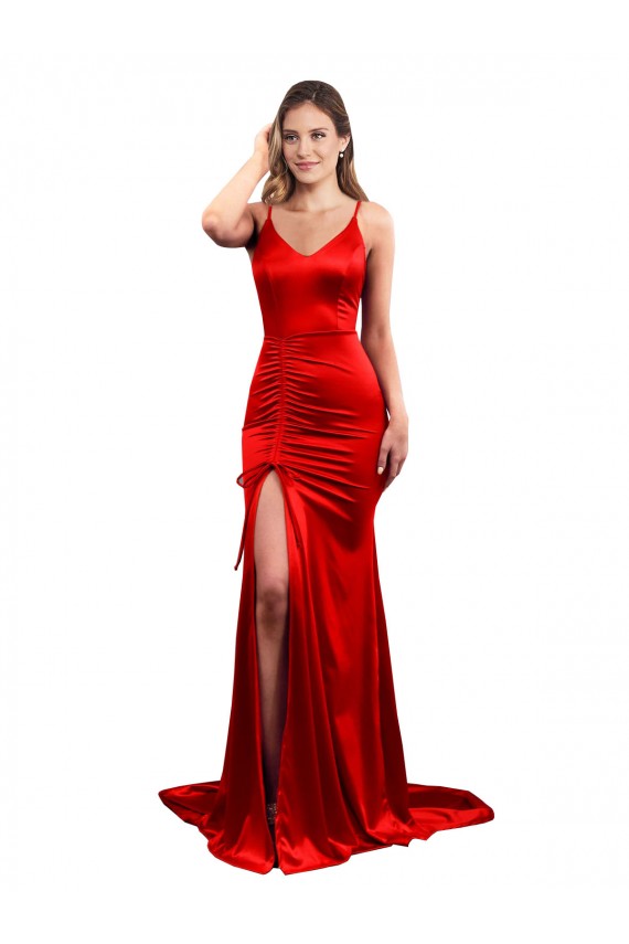 Outlet Sleeveless Stretch Satin Low Back Mermaid Red Sexy Evening Dress Canada