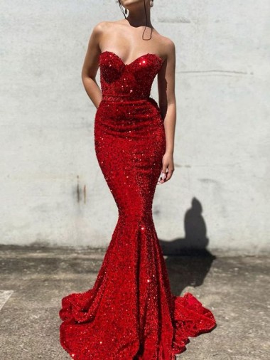 Outlet Sleeveless Velvet Sequin Mermaid Burgundy Sweetheart Evening Dress Canada