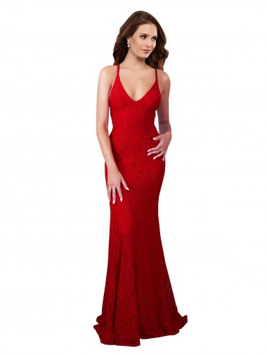 Outlet Sleeveless Lace Low Back Mermaid Red Evening Dress Canada