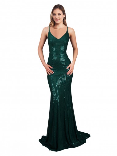 Outlet Sleeveless Sequin Low Back Mermaid Dark Green Sexy Evening Dress Canada