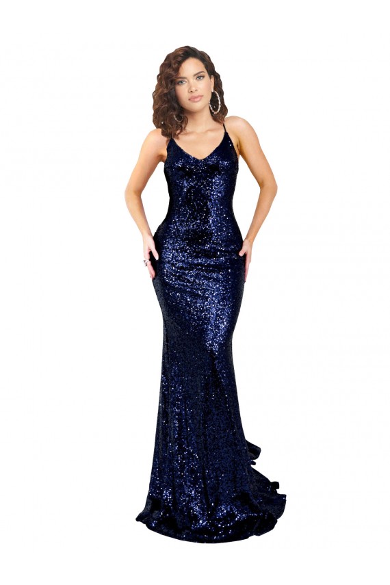 Outlet Sleeveless Sequin Low Back Mermaid Dark Navy Sexy Evening Dress Canada