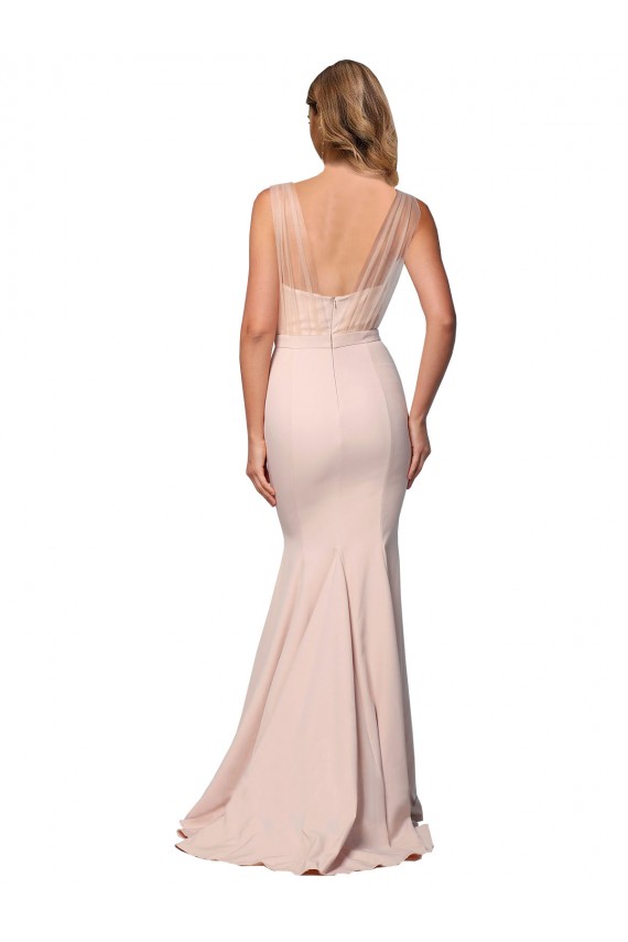 Outlet Sleeveless Stretch Crepe & Tulle Low Back Sheath Nude Evening Dress Canada