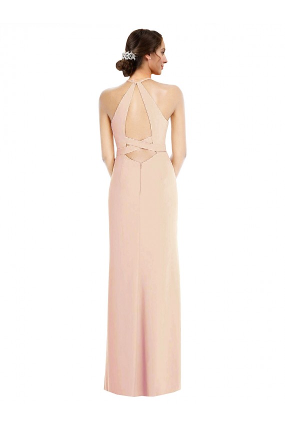 Outlet Sleeveless Stretch Crepe Criss Cross Back Trumpet Nude Maxi Evening Dress Canada