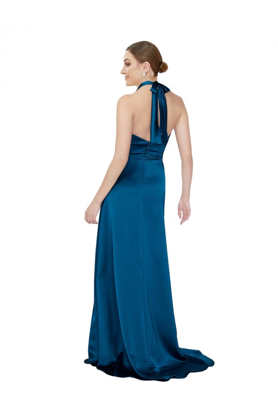 Outlet Sleeveless Silky Satin Open Back A-Line Peacock Blue Evening Dress Canada