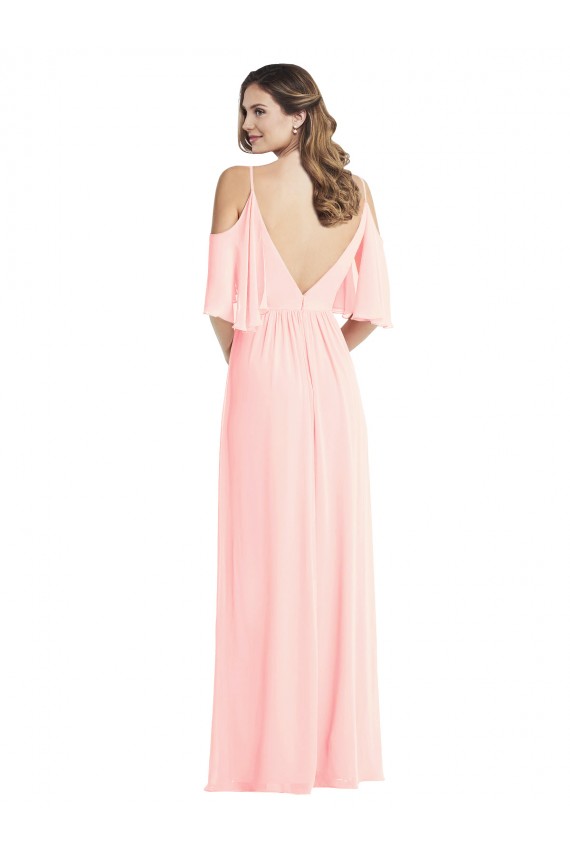 Outlet Cold Shoulder Soft Chiffon V-Back A-Line Pink Maxi Evening Dress Canada