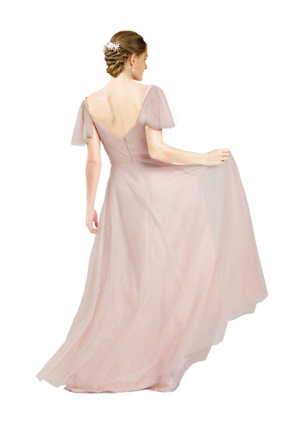 Outlet Flutter Sleeves Tulle A-Line Pink Semi Formal Evening Dress Canada