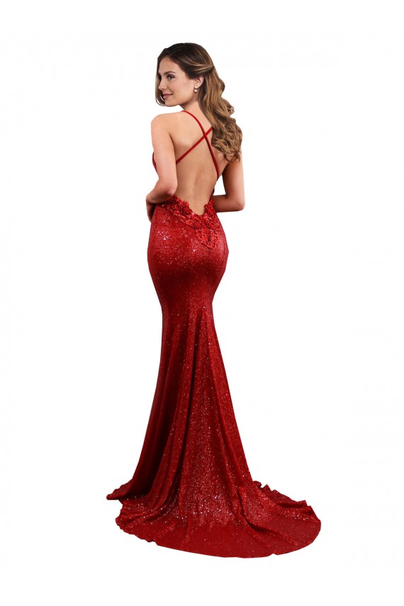 Outlet Sleeveless Sequin Low Back Mermaid Red Evening Dress Canada