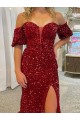 Outlet Short Sleeves Velvet Sequin Sheath Red Long Evening Dress Canada