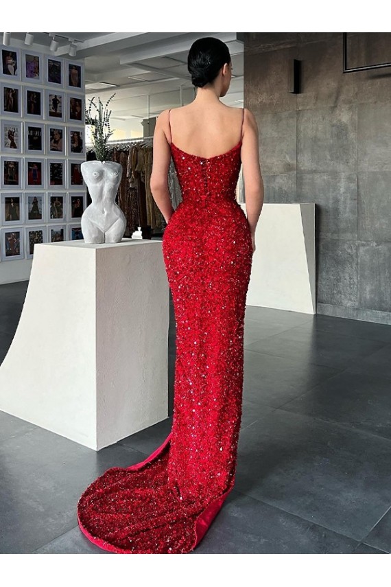 Outlet Sleeveless Velvet Sequin Sheath Red Evening Dress Canada