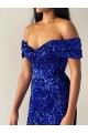 Outlet Sleeveless Velvet Sequin Mermaid Royal Blue Off the Shoulder Evening Dress Canada