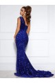 Outlet Sleeveless Velvet Sequin Mermaid Royal Blue Long Evening Dress Canada