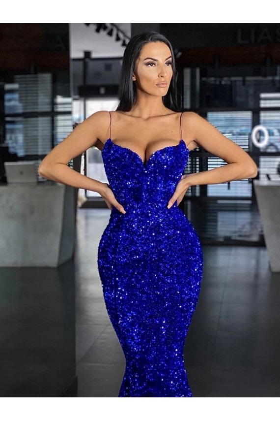 Outlet Sleeveless Velvet Sequin Mermaid Royal Blue Evening Dresses Canada