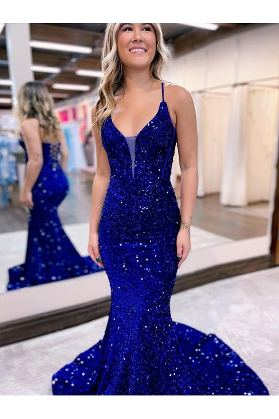 Outlet Sleeveless Velvet Sequin Mermaid Royal Blue V-Neck Evening Dress Canada