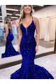Outlet Sleeveless Velvet Sequin Mermaid Royal Blue V-Neck Evening Dress Canada