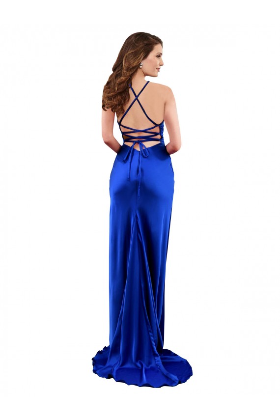Outlet Sleeveless Silky Satin Criss Cross Open Back Sheath Royal Blue Evening Dress Canada