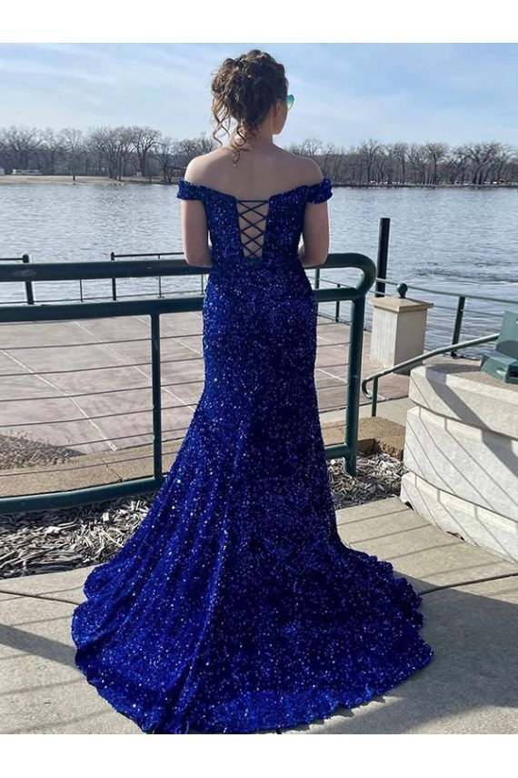 Outlet Sleeveless Velvet Sequin Sheath Royal Blue Off the Shoulder Evening Dress Canada
