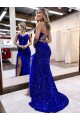 Outlet Sleeveless Velvet Sequin Sheath Royal Blue Sexy Evening Dress Canada