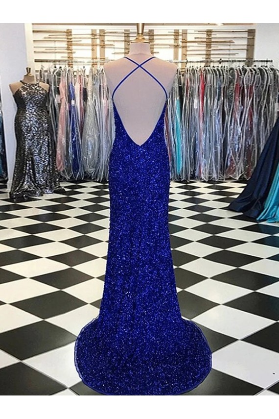 Outlet Sleeveless Velvet Sequin Sheath Royal Blue Evening Dress Canada