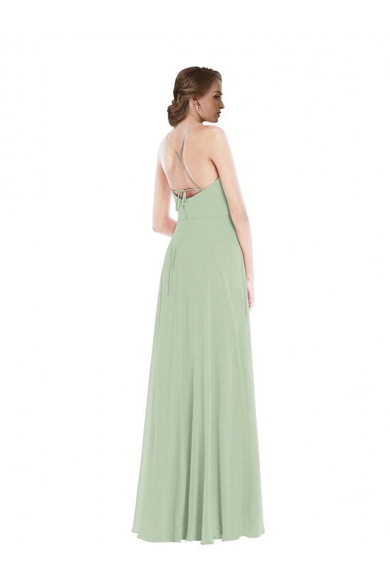Outlet Sleeveless Soft Chiffon Criss Cross Back A-Line Sage Maxi Evening Dress Canada