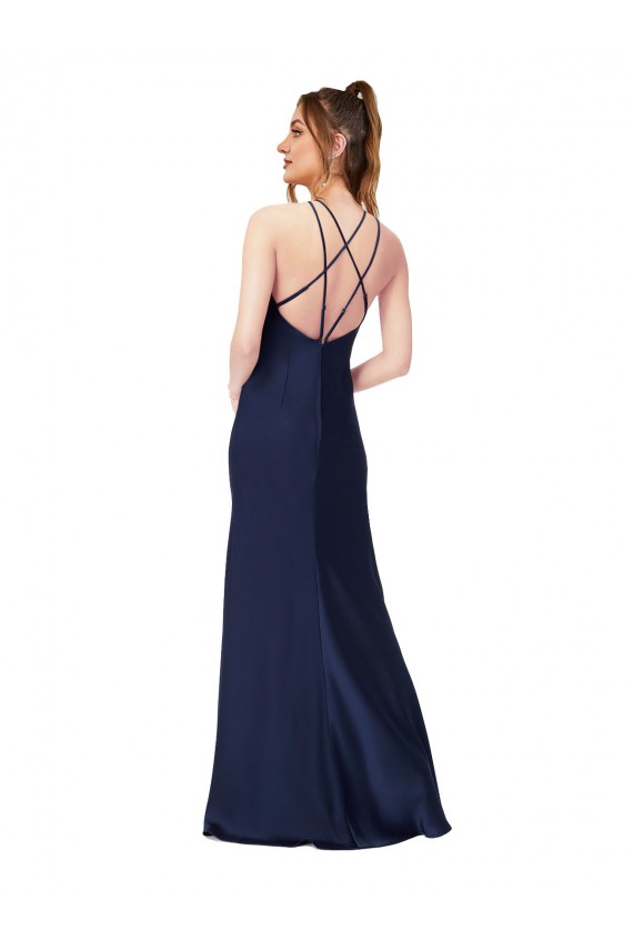 Outlet Sleeveless Silky Satin Criss Cross Back Sheath Sapphire Evening Dress Canada