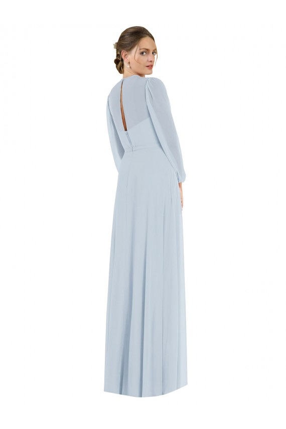 Outlet Puff Sleeves Soft Chiffon Keyhole Back A-Line Sea Glass Maxi Evening Dress Canada