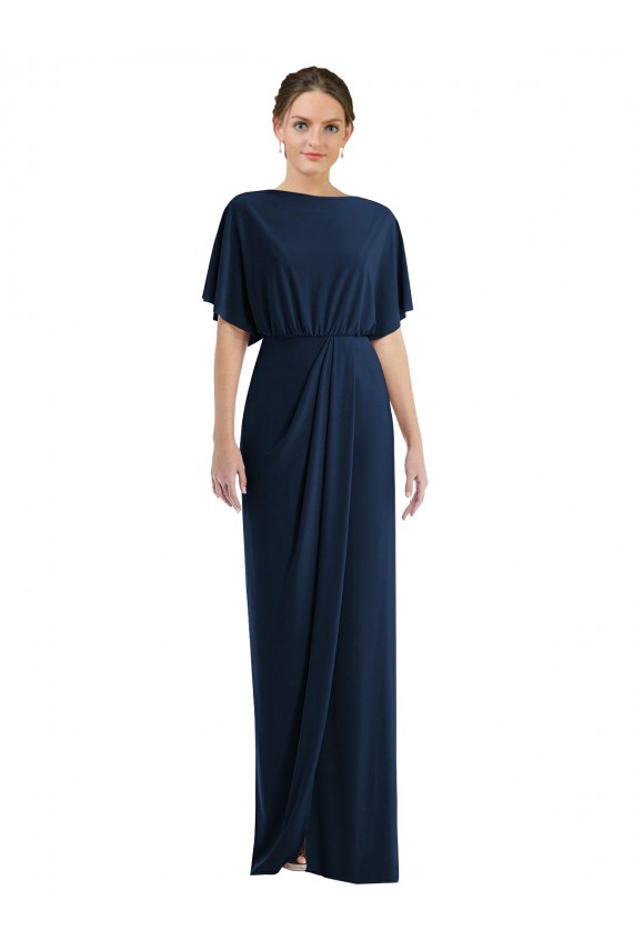 Outlet Short Sleeves Spandex Open Back Sheath Dark Navy Maxi Evening Dress Canada