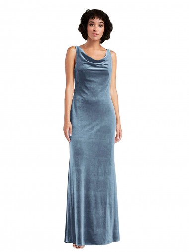 Outlet Sleeveless Stretch Velvet V-Back Sheath Dusty Blue Maxi Evening Dress Canada