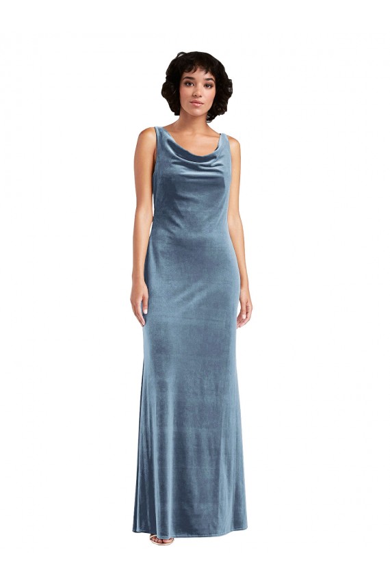 Outlet Sleeveless Stretch Velvet V-Back Sheath Dusty Blue Maxi Evening Dress Canada