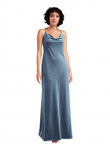 Outlet Sleeveless Stretch Velvet V-Back Sheath Dusty Blue Maxi Evening Gown Canada