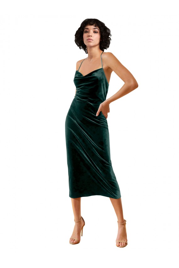 Outlet Sleeveless Stretch Velvet Criss Cross Open Back Sheath Dark Green Evening Dress Canada