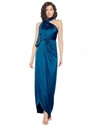 Outlet Sleeveless Silky Satin Sheath Peacock Blue Evening Dress Canada
