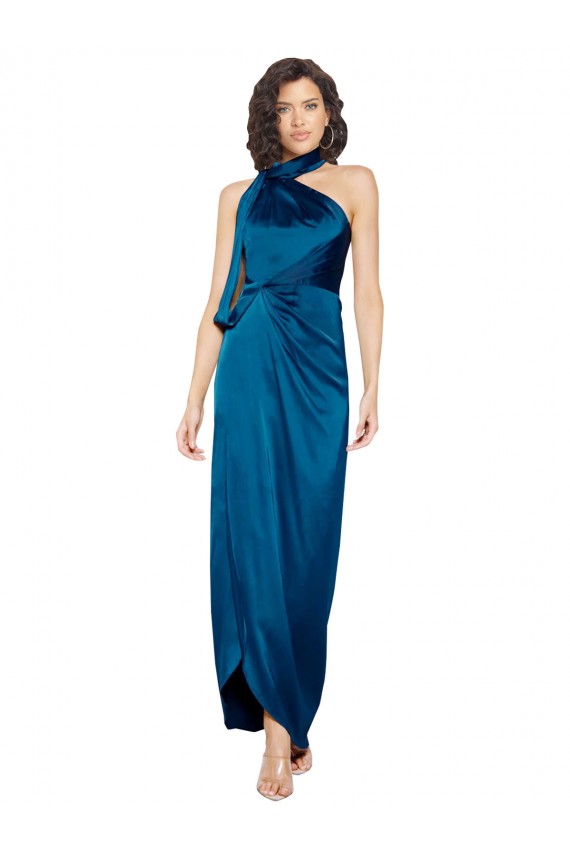 Outlet Sleeveless Silky Satin Sheath Peacock Blue Evening Dress Canada