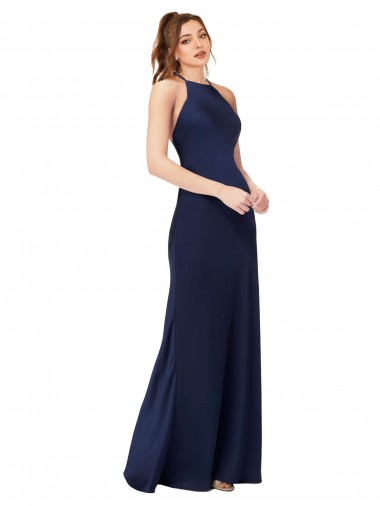 Outlet Sleeveless Silky Satin Criss Cross Back Sheath Sapphire Evening Dress Canada