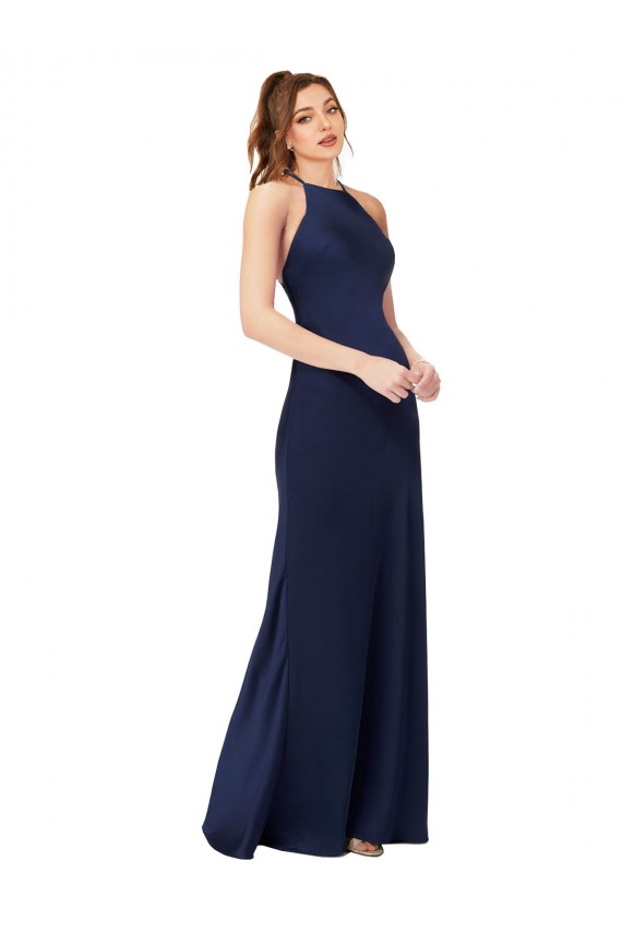 Outlet Sleeveless Silky Satin Criss Cross Back Sheath Sapphire Evening Dress Canada