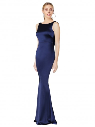 Outlet Sleeveless Stretch Satin Low Back Sheath Dark Navy Evening Dress Canada
