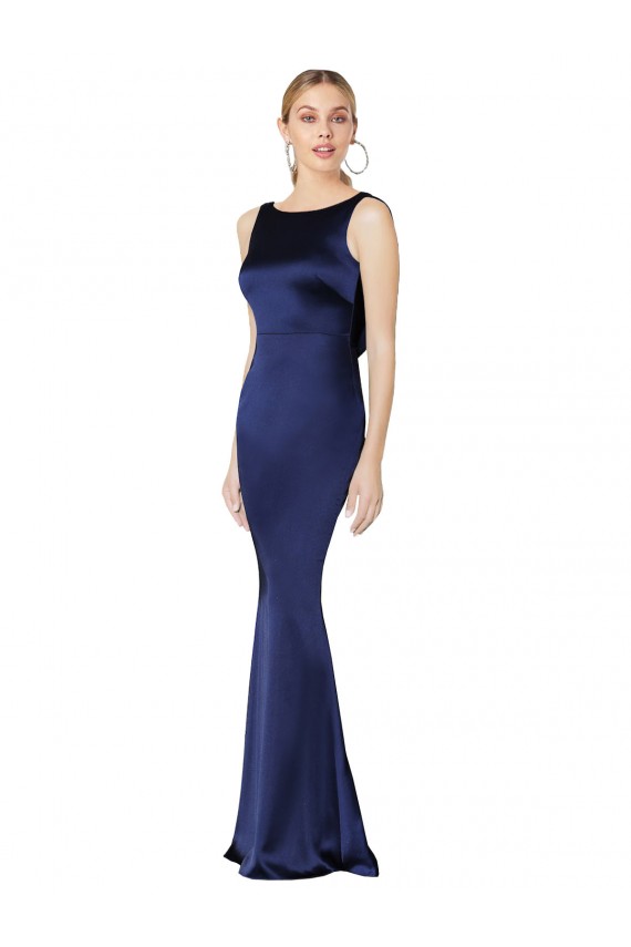 Outlet Sleeveless Stretch Satin Low Back Sheath Dark Navy Evening Dress Canada