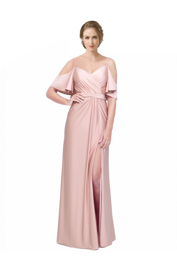 Outlet Cold Shoulder Silky Satin Low Back Sheath Evening Dress Canada