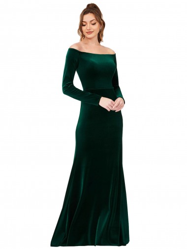 Outlet Long Sleeves Stretch Velvet Sheath Dark Green Evening Dress Canada