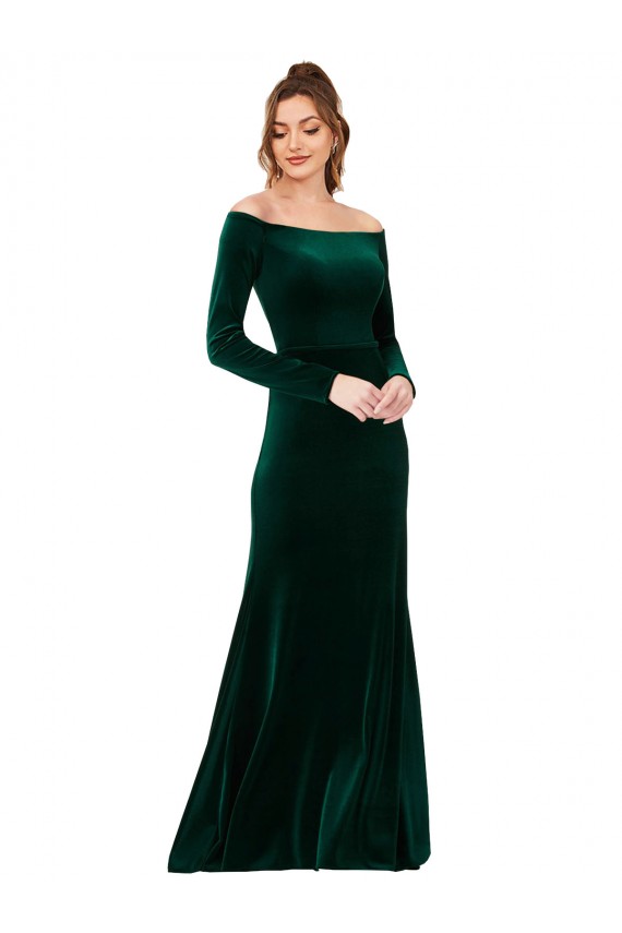 Outlet Long Sleeves Stretch Velvet Sheath Dark Green Evening Dress Canada