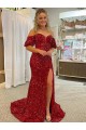 Outlet Short Sleeves Velvet Sequin Sheath Red Long Evening Dress Canada