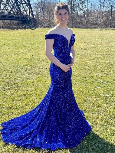 Outlet Sleeveless Velvet Sequin Sheath Royal Blue Off the Shoulder Evening Dress Canada