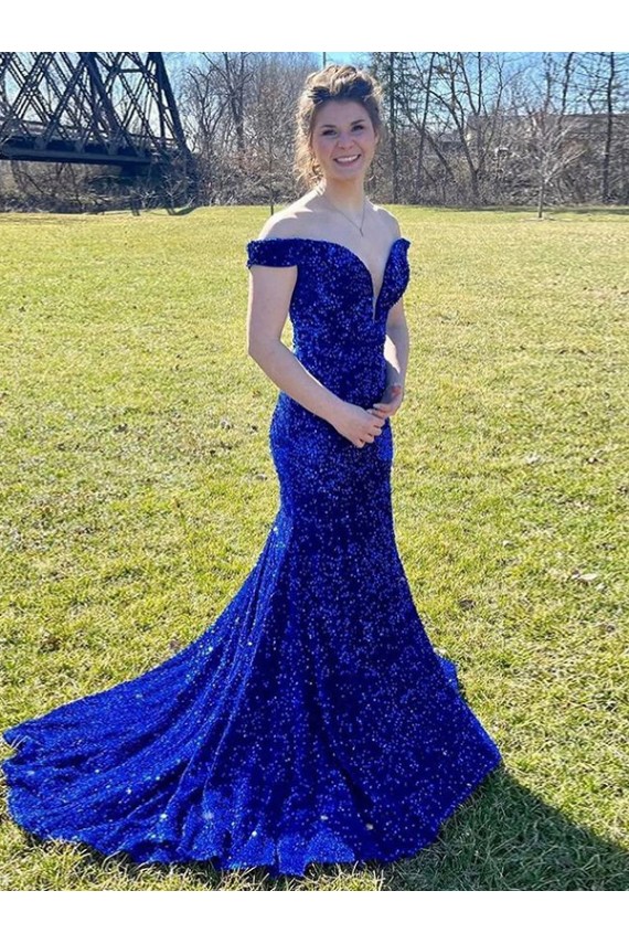 Outlet Sleeveless Velvet Sequin Sheath Royal Blue Off the Shoulder Evening Dress Canada