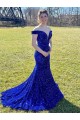 Outlet Sleeveless Velvet Sequin Sheath Royal Blue Off the Shoulder Evening Dress Canada