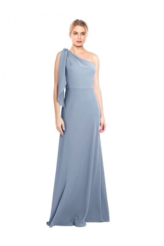 Outlet Flutter Sleeves Stretch Crepe Sheath Smoke Blue Evening Dress Canada