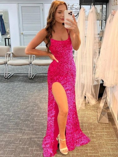 Outlet Sleeveless Velvet Sequin Sheath Fuchsia Spaghetti Straps Evening Dress Canada